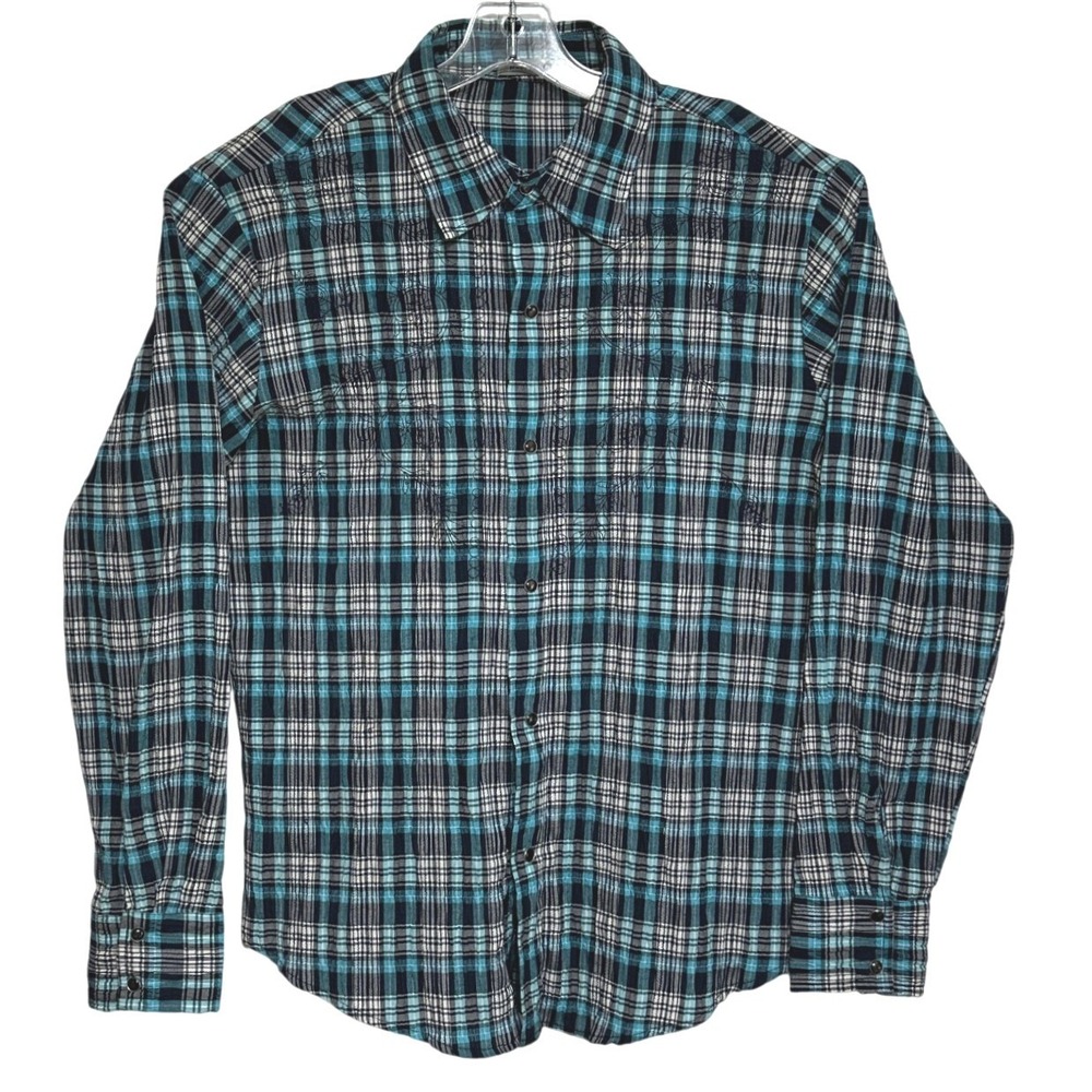 Pop Icon Plaid Western Shirt Mens Blue Embroidered Snap Front Rockabilly Indie L
